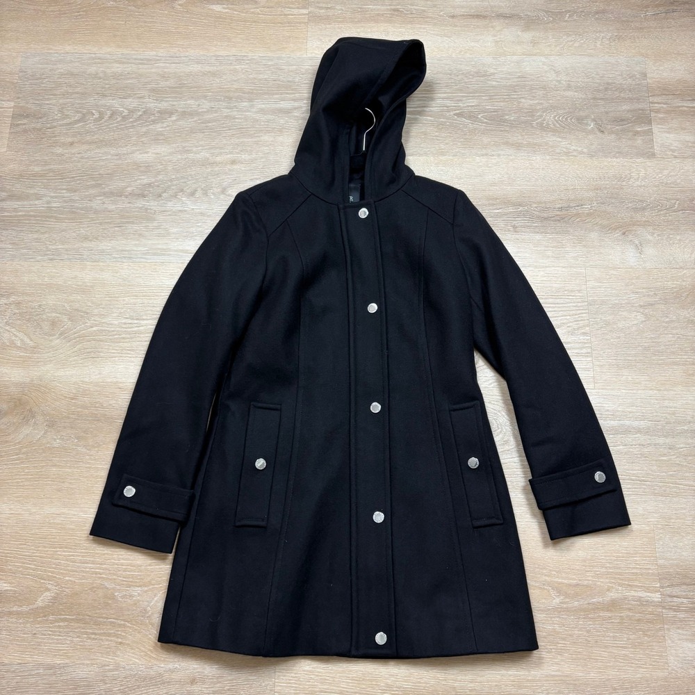 London Fog Black Wool Blend Hooded Pea Coat Women's Small